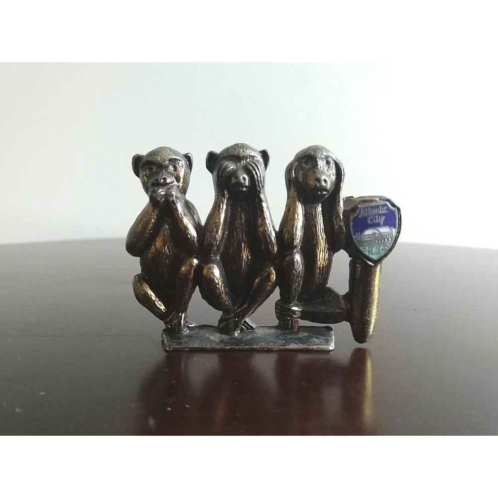 Vintage Three Wise Monkeys Pen Holder Atlantic City NJ Souvenir Cast Bronze Rare